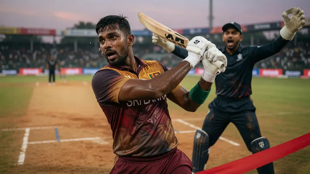 Close-up of a batter in a maroon Sri Lanka jersey swinging through a shot with white gloves as a dark-blue fielder celebrates with arms raised behind him