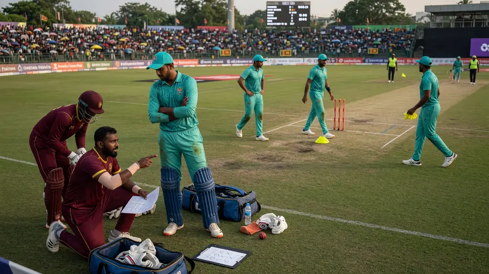 On-field tactical huddle: a kneeling player in maroon points at a clipboard while a teal-kit batter listens, with yellow cones, kit bags and teammates near the pitch