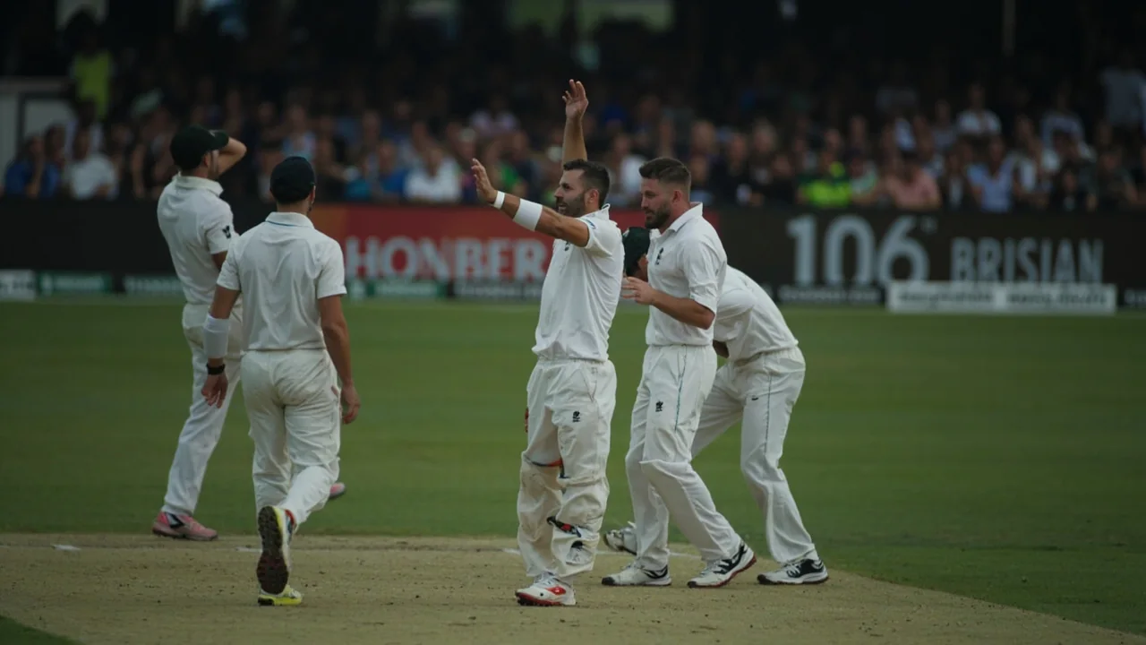 A Hundred captain conferring with a teammate at the Rose Bowl, with fielders repositioning in the background
